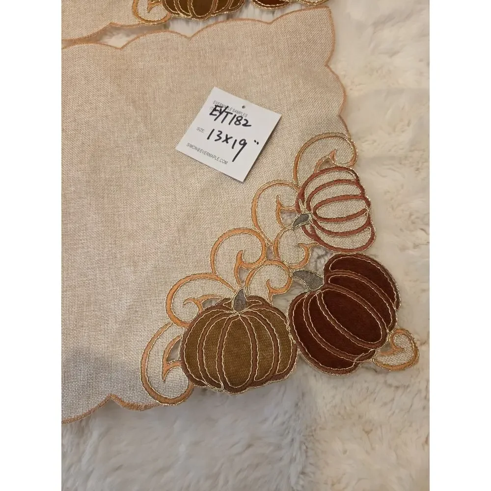 Rare Evermaple Pumpkin Placemats Set 2 Embroidered Fall Sample Linens 13x19